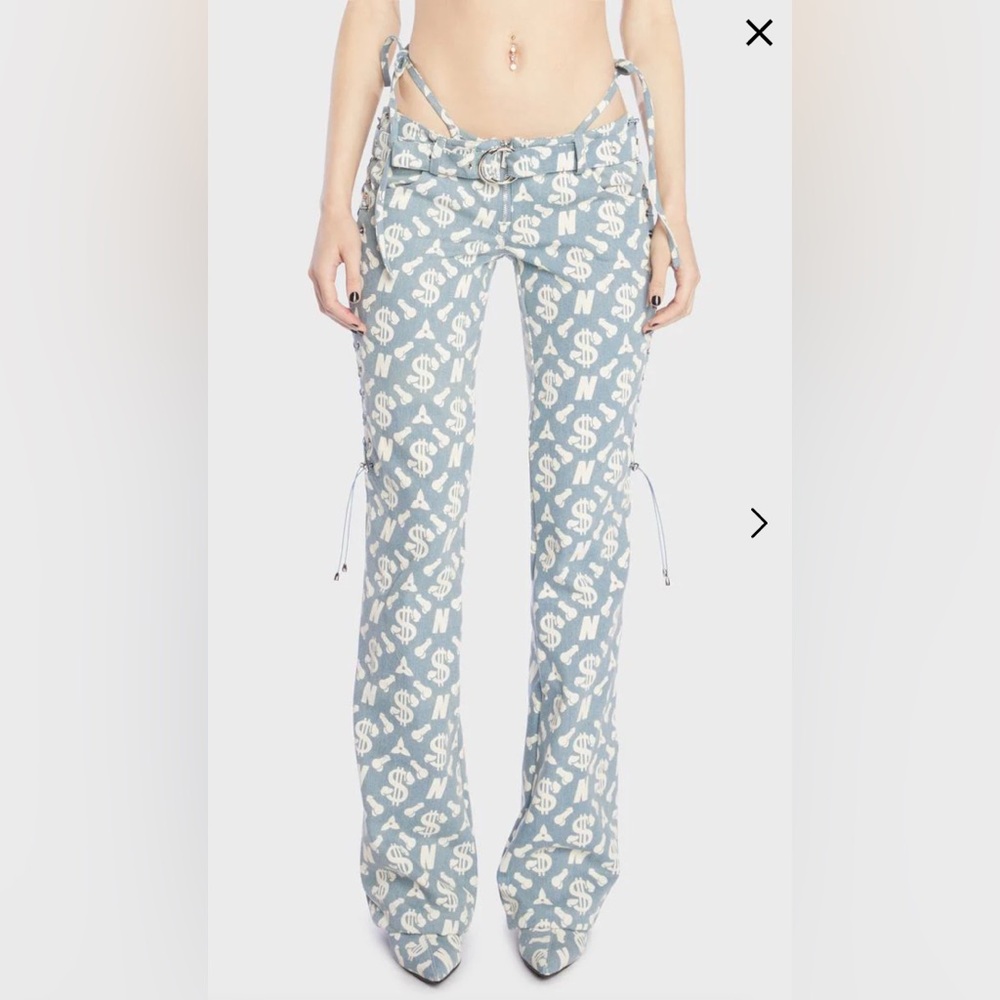 NAMILIA - MONOGRAM DENIM LOW CUT LACE UP PANTS WITH THONG